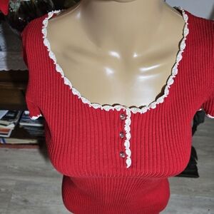 INC International Concepts Red Knit Top with White Accents and silver threads, S